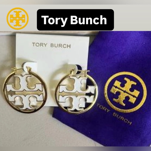 Tory Burch Jewelry - Tory Burch Miller Gold and White Enamel Hoop Earrings NWT